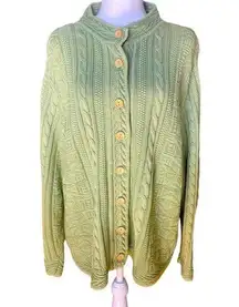 LL Bean Wood Button Cable Knit Sweater Cardigan Sage Green Womens Size XL