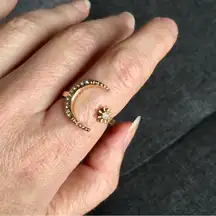Gold + Rhinestone Moon + Star Cuff Fashion Ring, Size 8