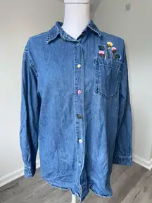 Vintage Lemongrass denim shirt floral embroidery mismatched buttons size 8