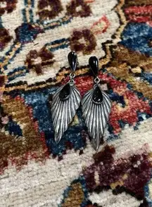 Vintage Sterling Silver Feather Leaf Earrings Black Stone Dangle Drop 925
