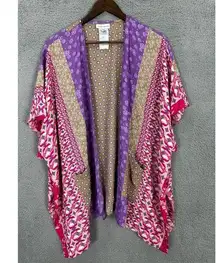 Susan Graver Cardigan XS Pink Geometric Kimono Sleeve Open Front Boho Art Casual