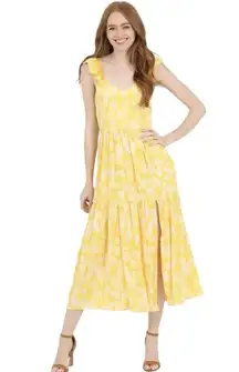 Angie Midi Dress Cap Sleeve Tiered Skirt Yellow Floral Open Back Womens Large