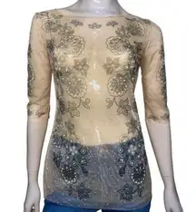 La Perla S Nude Tan Tulle Limited Edition Lotus Swarovski Embellished Shirt Top