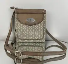 Fossil Beige Tan Leather Fabric Crossbody Sling Bag Purse