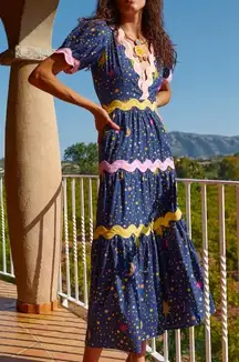 CELIA B Dress Celestial Sun Stars Print Navy Rickrack Trim Midi Dress XS