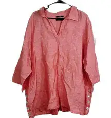 Tahari v-neck blouse women’s small. 100% linen, button detail waist.