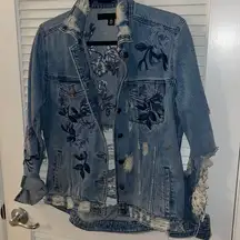 Oversized floral distressed denim jacket