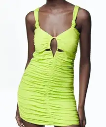 ZARA NWT   Neon Lime Green Cutout Draped Ruched Mini Dress