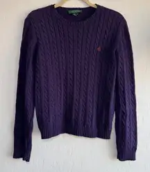 Lauren Ralph Lauren Purple Cable Knit Sweater Women M Cotton Crewneck Preppy RL