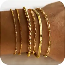 Gold Bracelets for Women Waterproof, 14K Real Gold Jewelry Sets for Women Trendy Thin Dainty Stackable Cuban Link Paperclip Chain Bracelet Pack Fashion Accessories Gifts for Women Girls