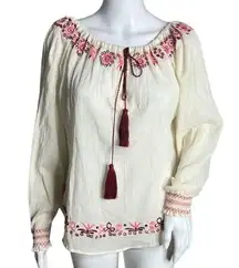 Love Shack Fancy Shirt Womens 2 Ivory Pink Burgundy Embroidered Thea Blouse Boho