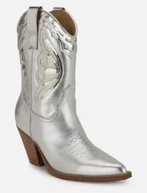NEW NINE WEST $159 Puzz Western Booties Silver Metallic
