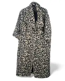 Leopard Fleece Trench Long Jacket Coat Animal Print Womens M Fur Fuzz