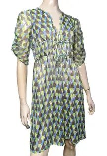 Herion Women’s Size 42 M Brown Blue Green Tear Drop Geo Print Silk Chiffon Dress