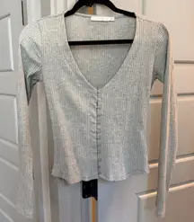 Lush Button Up Ribbed Long Sleeve Top in Grey