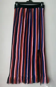 Maglione Blue Pink Striped Fringe Trim Side Slit Midi Skirt S