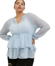 Torrid NWT  Polka Dot Crinkle Chiffon Long Sleeve Drawstring Blouse in Blue/White