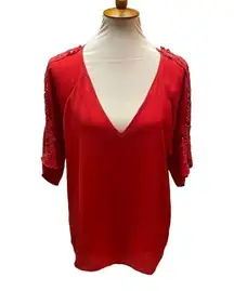 Alya Red Blouse With V-Neck and 3/4in Bell Sleeve with Filagree Lace Pattern Dow