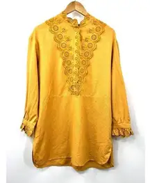 ZARA  Shirt Womens Yellow Long Sleeve Linen Blend Broderie Tunic Top Large