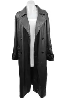 Zara Black Long Vegan Faux Leather Double Breasted Long Sleeve Trench Overcoat L