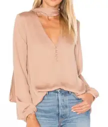 L'Academie V-Neck Quarter Button Long Sleeve Blouse