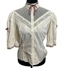 Gunne Sax Vintage 70s Lace Blouse High Neck Short Sleeve Top Jessica's Gunnies