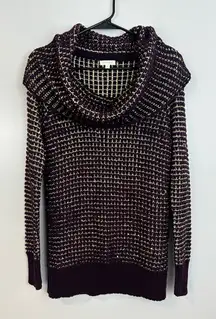 Cache Plum Purple/Gold Cowl Neck Knit Pullover Sweater Size Large