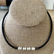 TWO PIECE SET Leather Pearls Choker & Bracelet Set