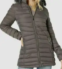 Quilted Puffer Taupe Gray Coat Faux Fur Hood Women's Winter Jacket Medium