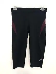 SAUCONY Black Burgundy Maroon Stripe Trim Capri Capris Active Leggings Legging