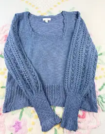 Lauren Conrad Square Neck Open Knit Sweater Blue Women's Size M cochet