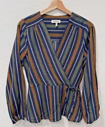 Monteau Earth Tone Shirt Stretch Preppy Stripe Long Slit Sleeves Top W Size M