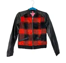 Bernardo  Collection Red Buffalo Plaid Faux Leather Sleeve Bomber Jacket