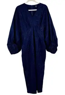 Shein Navy Blue Shimmery Long Puff Sleeve Evening Gown XL