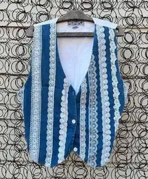 Vintage 90s Agapo Cottagecore Lace Denim Stripe Vest LARGE