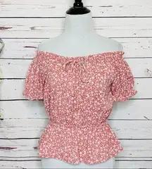 One Clothing Red & White Floral Off Shoulder Peplum Boho Top Size Medium
