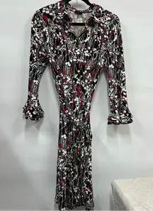 Talbots Ruffle Sleeve Jersey Vine Print M collared button up Shirt Dress w/belt