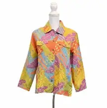 IOS Women's Medium Linen Silk Blend Multicolor Geo Abstract Button Down Blazer