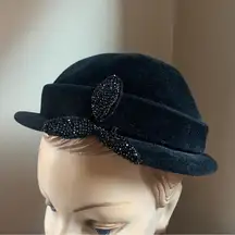 Vintage Black Velvet Rhinestone Hat Saks Fifth Avenue XS