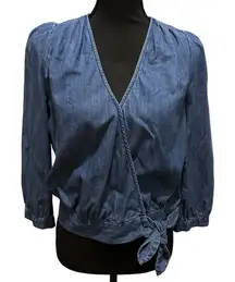 Madewell Denim Wrap Top 70s Retro Style Crop 3/4‎ Sleeve V-Neck Mid Blue Small