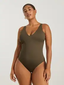 Everlane One Piece V Neck Swimsuit Olive Green Sz M