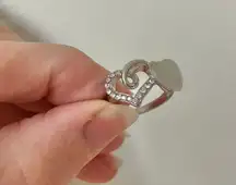 Double Heart Silver Rhinestone Moonstone Ring Iridescent Opaque Promise Girlhood Jewelry