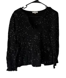 Peace n'‎ love Blouse Womens Medium Black Gold Dot Long Sleeve Peplum Top Boho