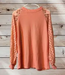 MIHOLL Peach Long Sleeve Waffle Knit Size Medium Lace‎ Sleeves Casual Shirt Lace