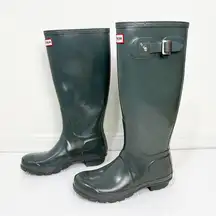 HUNTER Tall Wellies Gloss Rain boots Size 7 Dark Gray w/ 2 pair of inserts