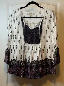 Vintage America Blues Women Tunic Top Boho Paisley Print Lace Trim Sz L Trendy #