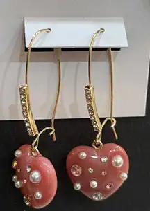 Pink Marble Hearts Rhinestones & Mini-Pearls French Hook 