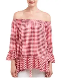 New BEACH LUNCH LOUNGE Gingham Off Shoulder Ruffle Top Sz M