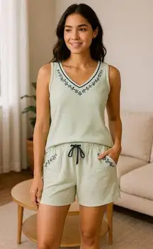 Adonna Lounge Set Green Ribbed Tank Top Shorts Navy Embroidery Size Large