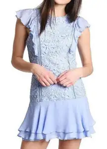 Parker Bennett Ruffle Mini Dress Size 10 Blue Crochet Floral Lace Cap Sleeve New